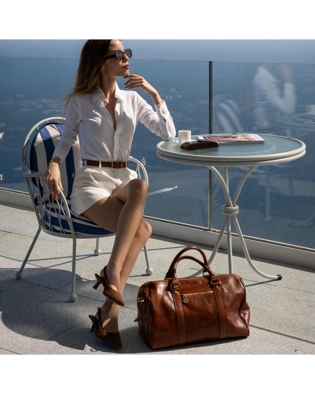 Time Resistance Brown Small Leather Overnight Bag, Duffel Bag