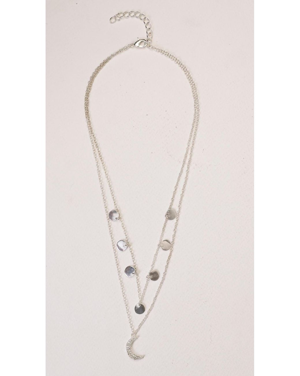 Lila Rasa Metallic Celestial Double Layer Necklace Crecent Cz Moon