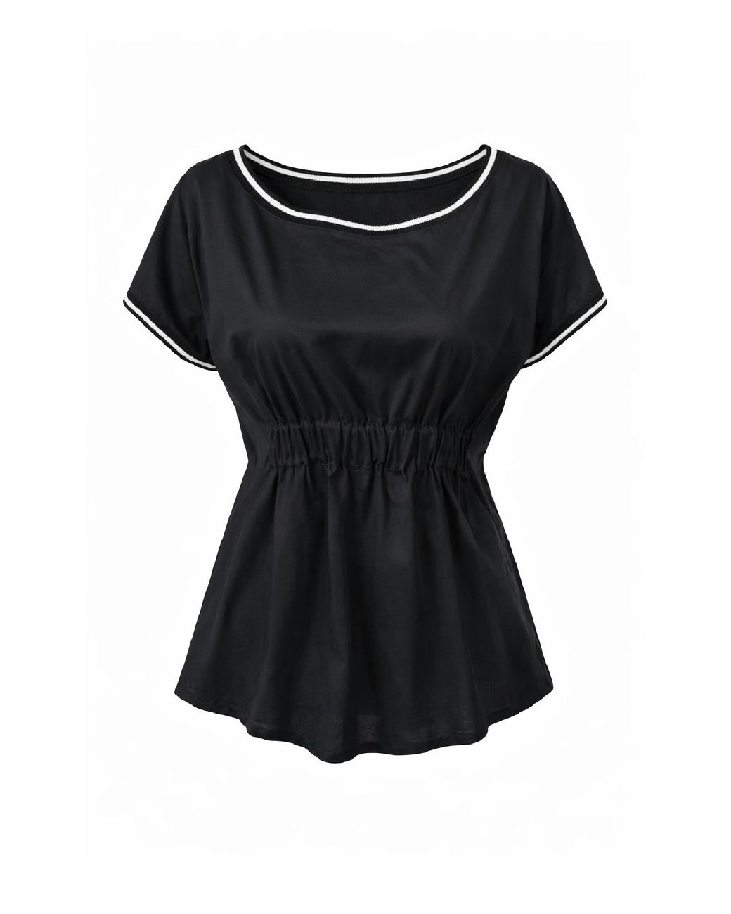Conquista Black Cinched-Waist Short Sleeve Top With Contrast Trim