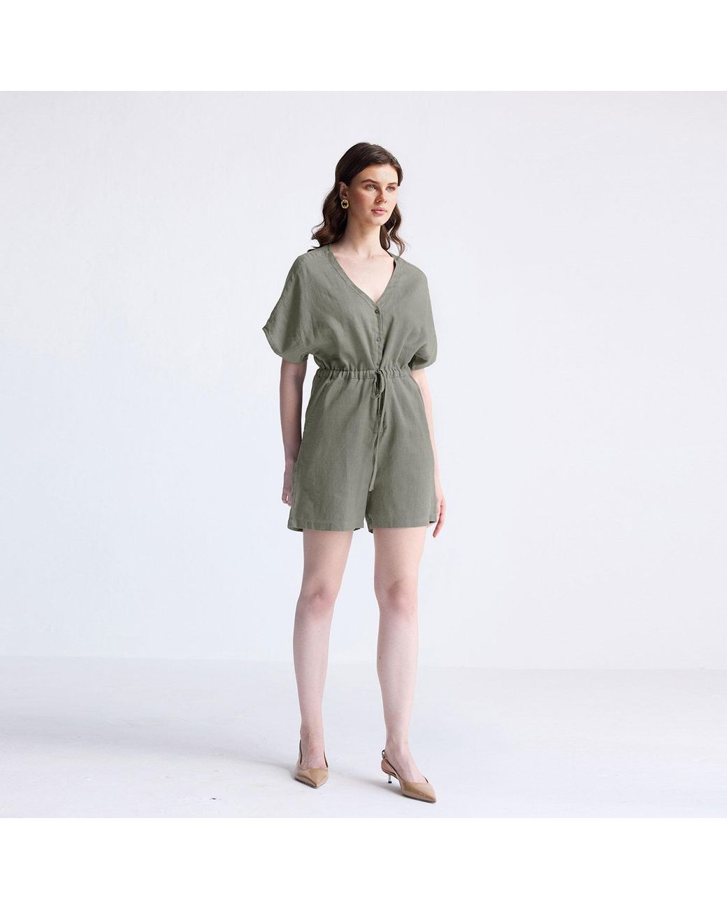 REISTOR Green V Neck Drawstring Romper