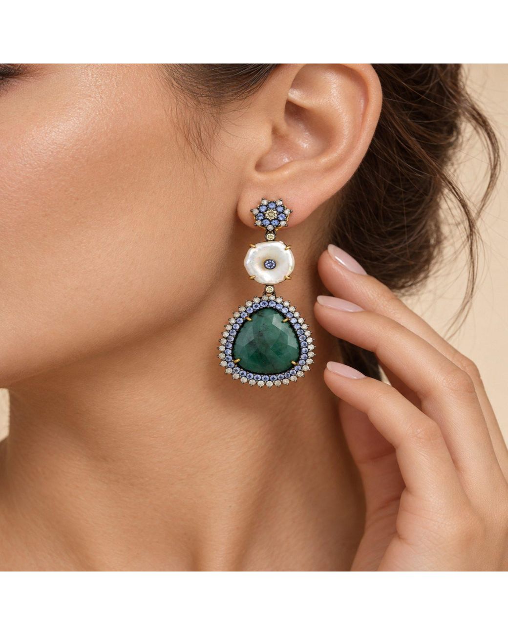 Artisan Green 18k Gold 925 Silver Diamond Emerald Pearl Tanzanite Diamond Dangle Earrings