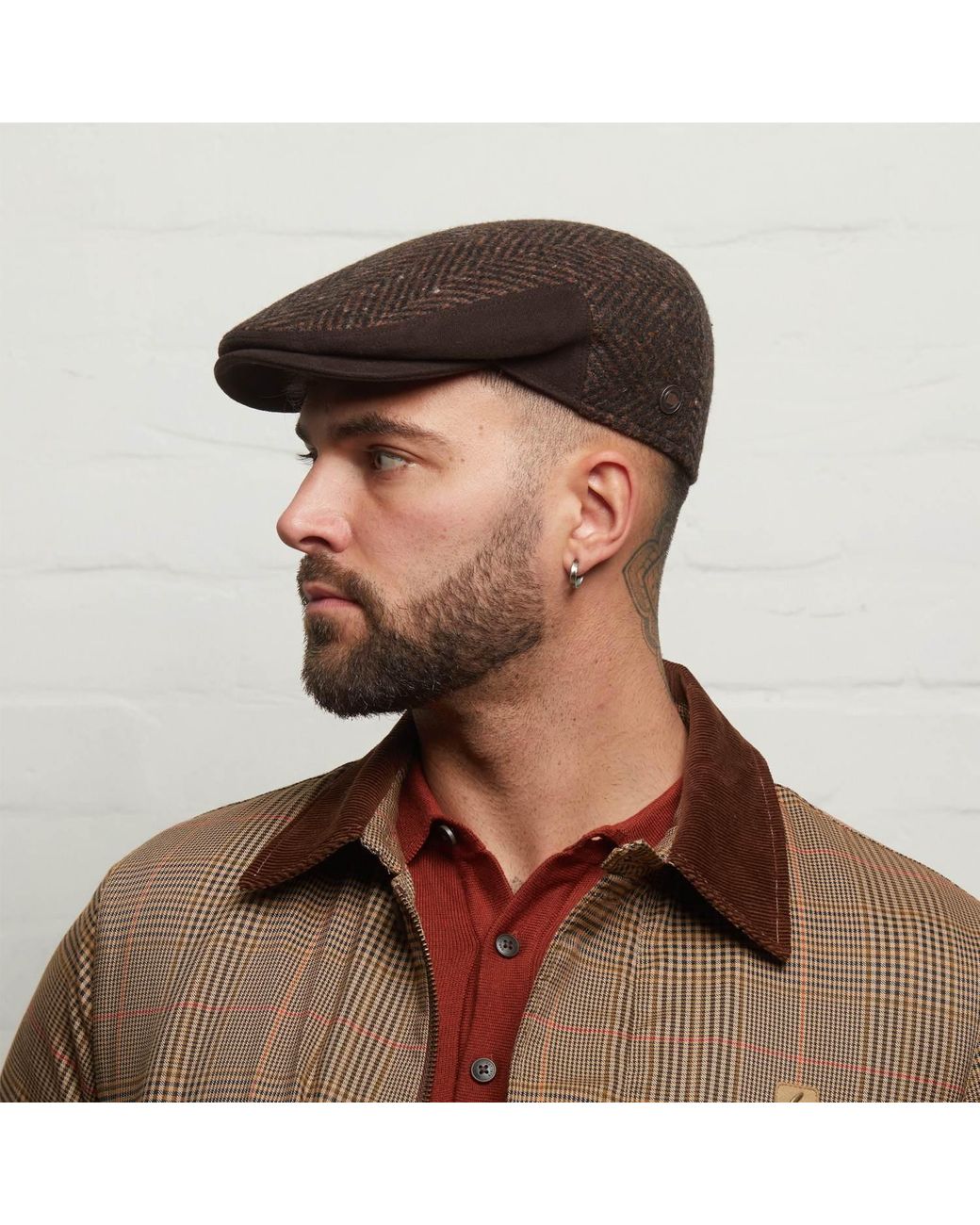 Dasmarca Hats Brown Drake Tweed Herringbone Italian Virgin Wool Cap For for men