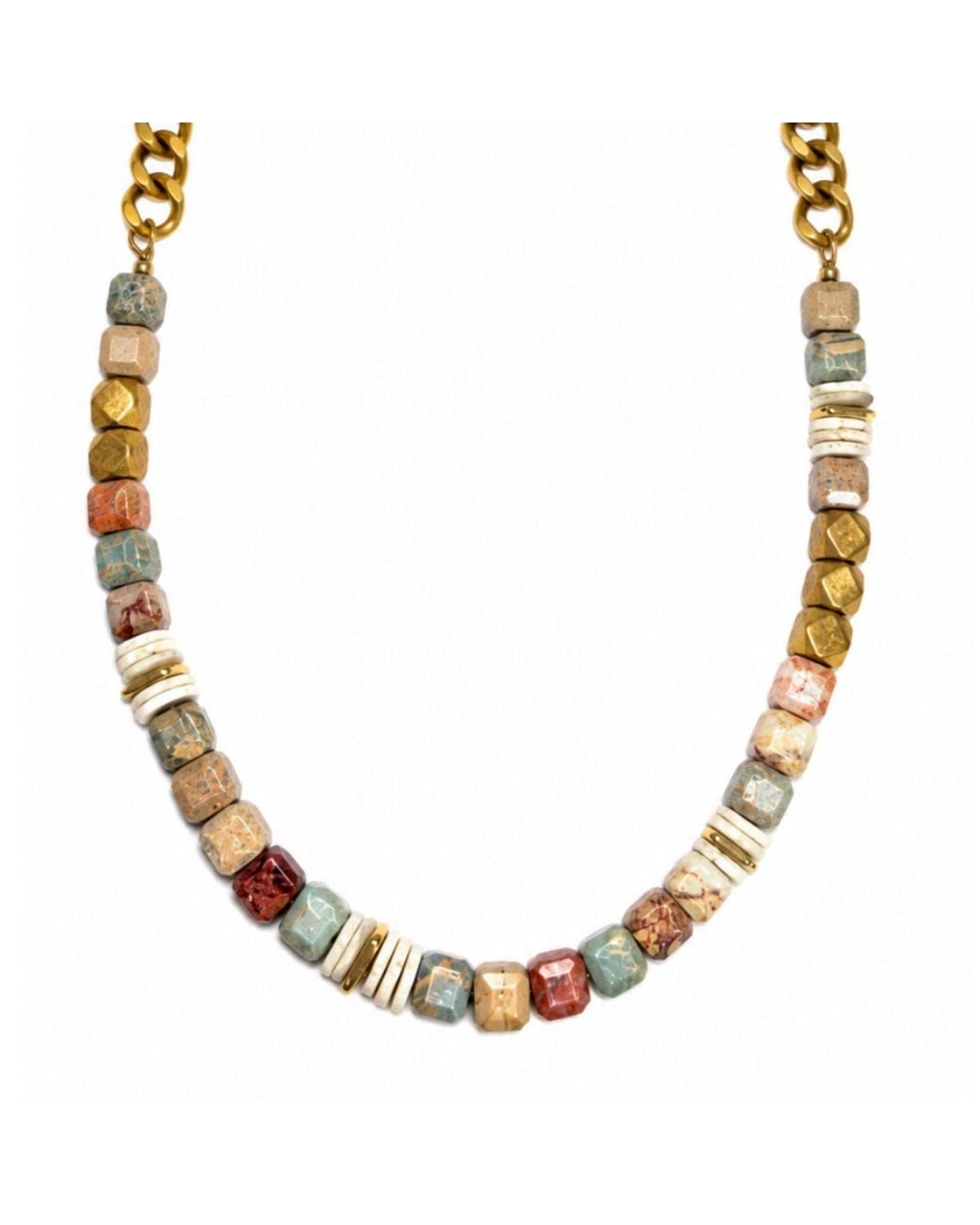Rachel Nathan Metallic Neutrals Snakeskin Jasper Cube & Indian Brass Necklace