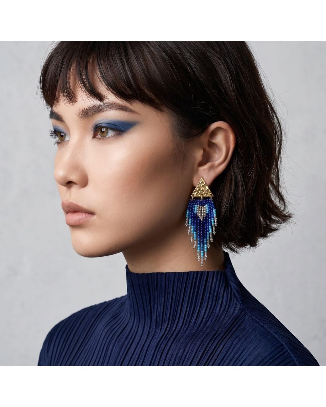 Iliana Arrazola Blue Triangle Fringe Dangle Earrings, Glass Beads, Beaded Jewelry