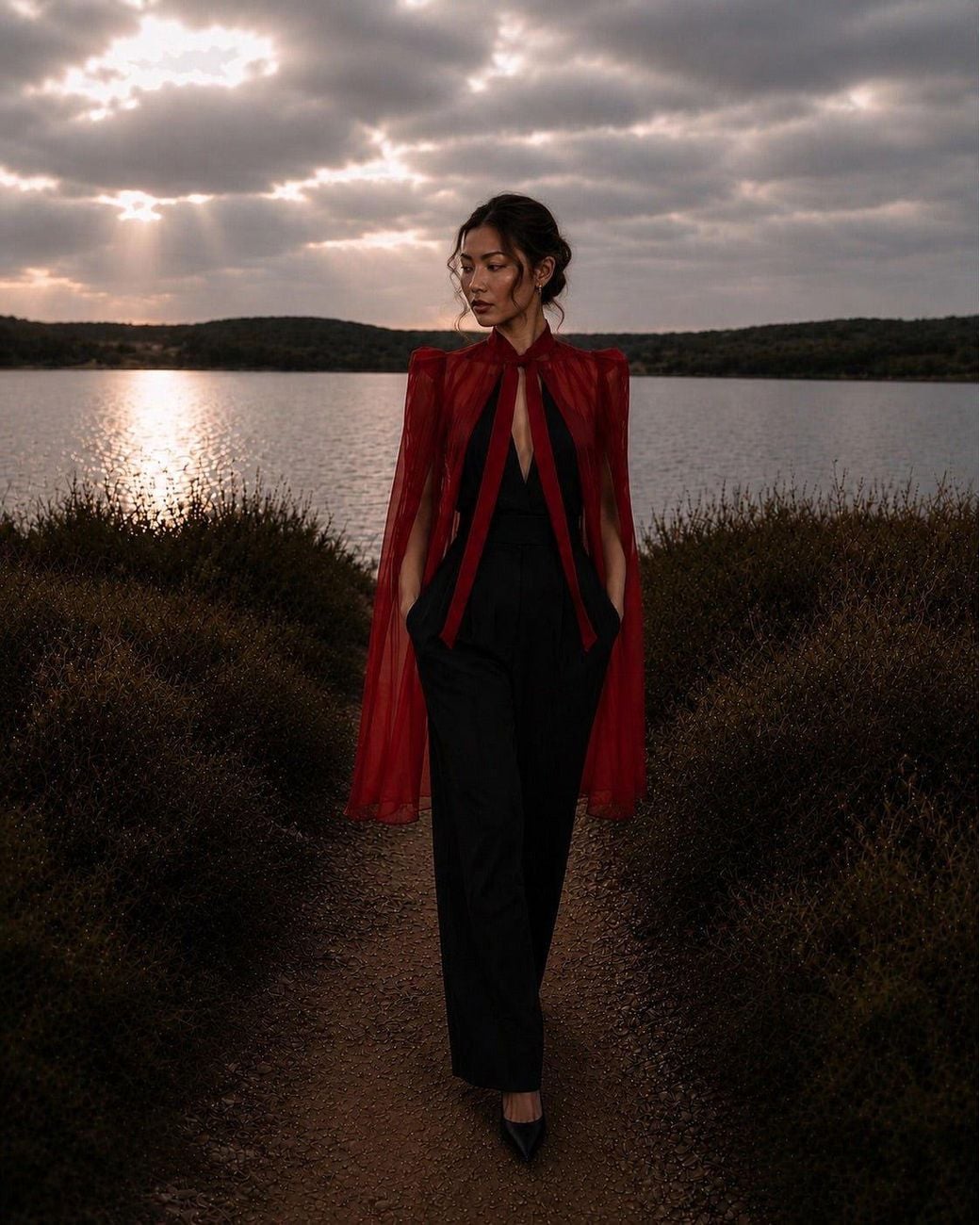 Nina Nieves Red Rouge Silk Chiffon Cape