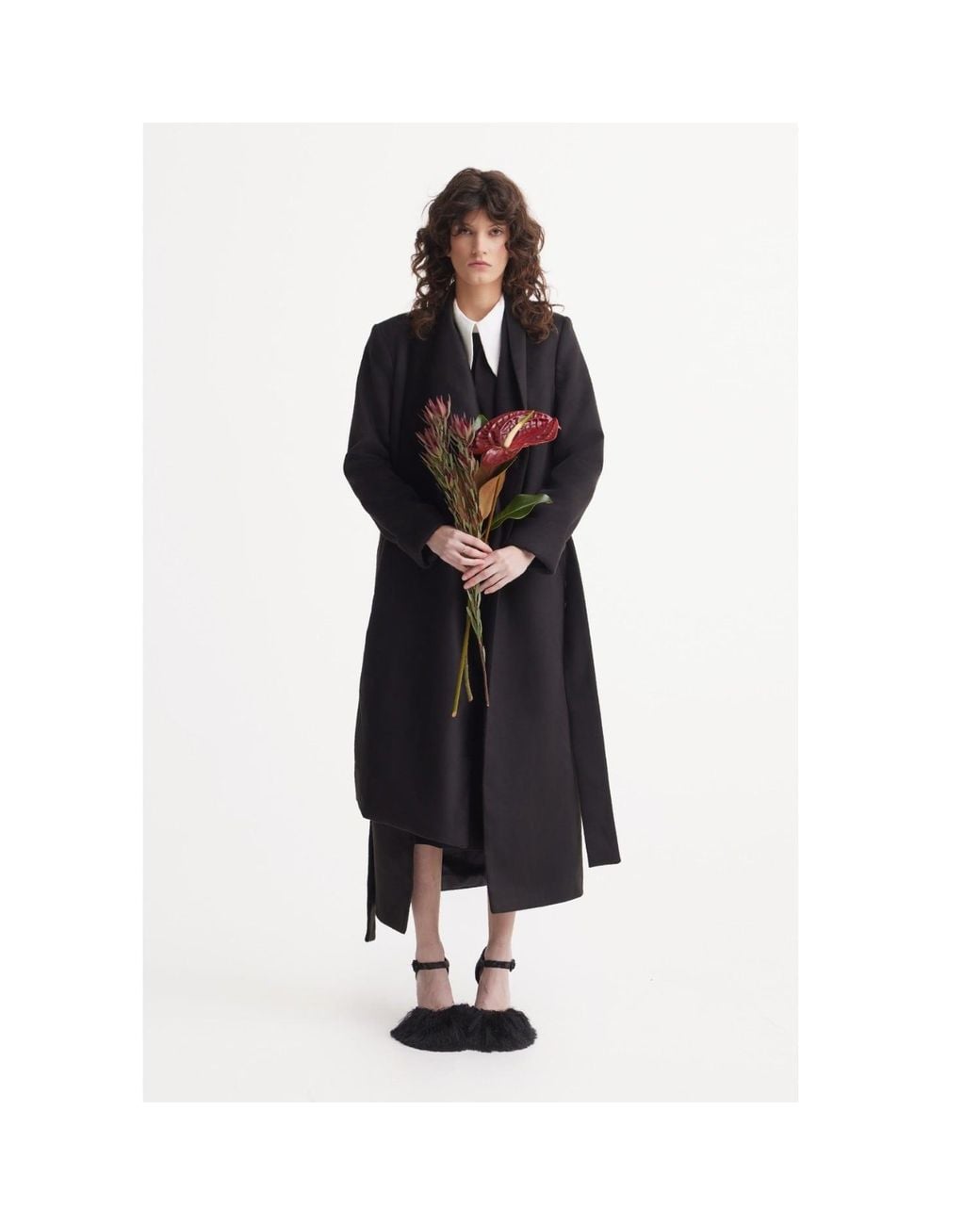 Julia Allert Black Long Wrap Coat With Drape Collar