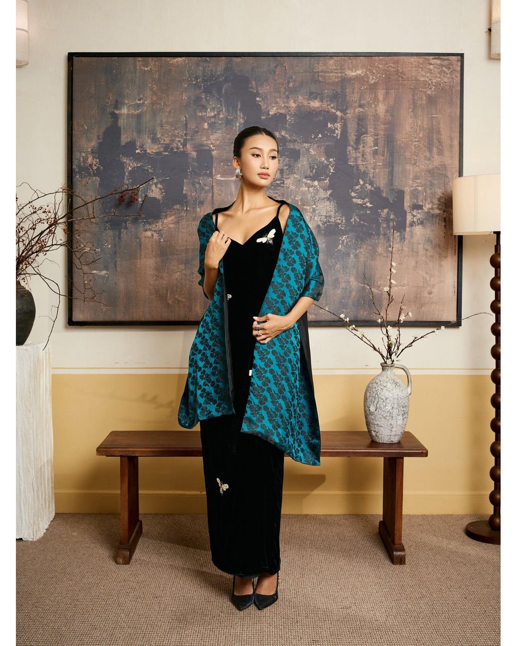 Silk and Bears Blue Reversible Jacquard Silk Evening Shawl — Soirée Collection