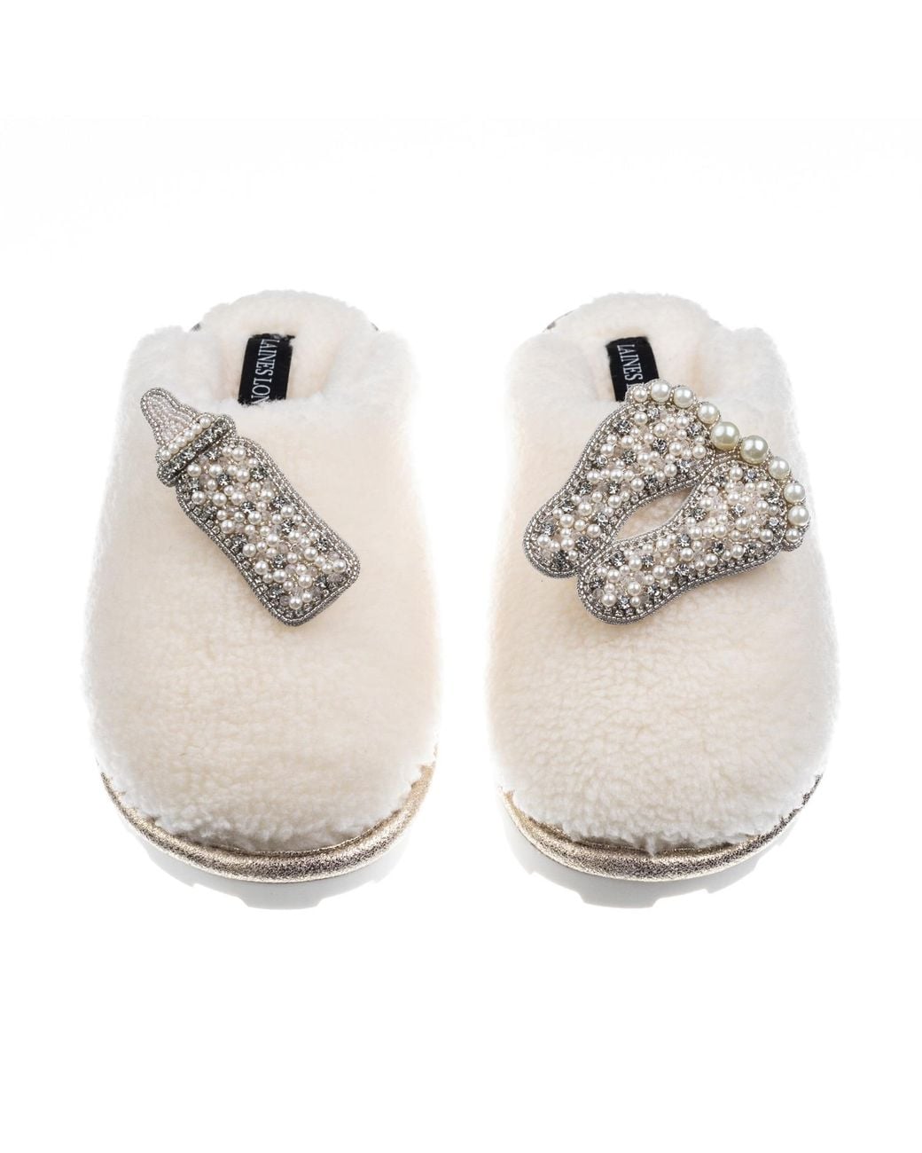 Laines London White Teddy Closed Toe Slippers With Pearl New Baby Brooches