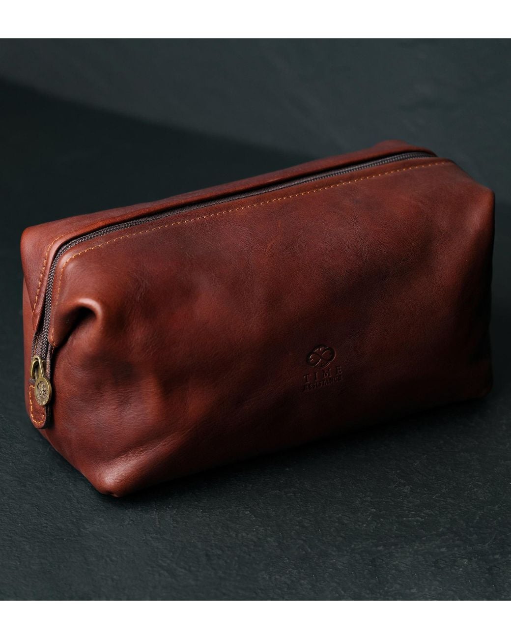 Time Resistance Brown Leather Toiletry Bag For