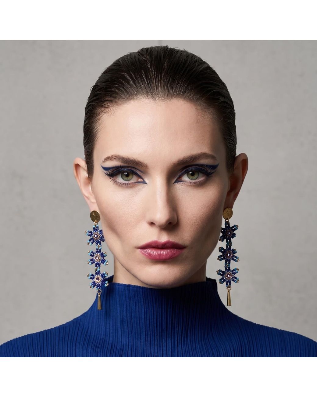 Iliana Arrazola Blue Waterfall Blossom Three Flowers, Dangle Earrings, Glass Beads, Beaded Jewelry