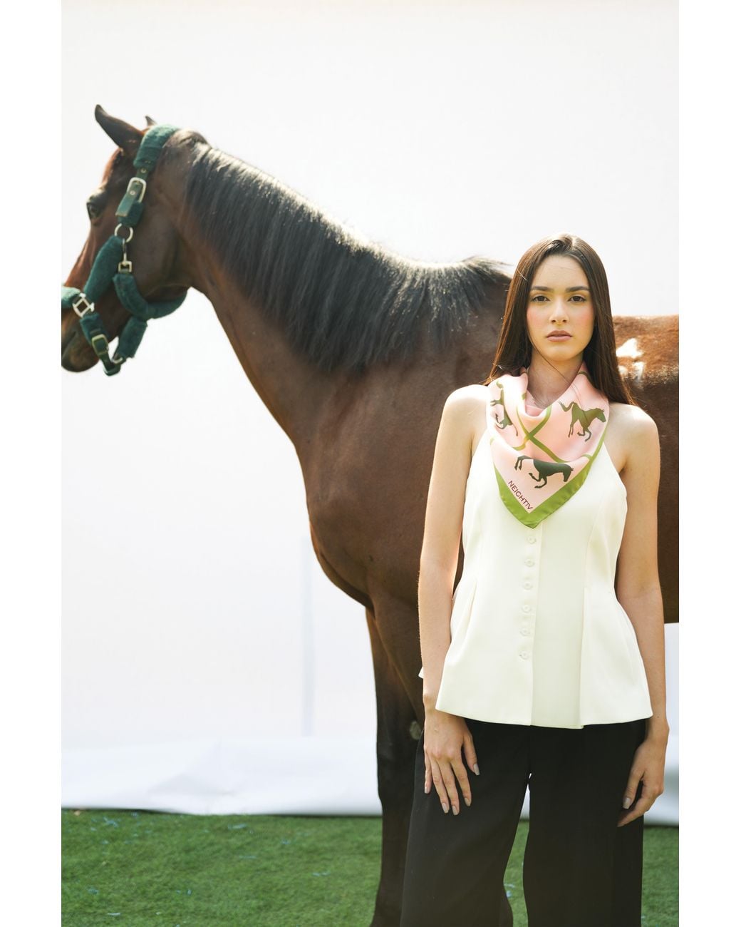 Neightiv Pink And Checkered Horse Silk Scarf- Galloping Hoofbeats Small