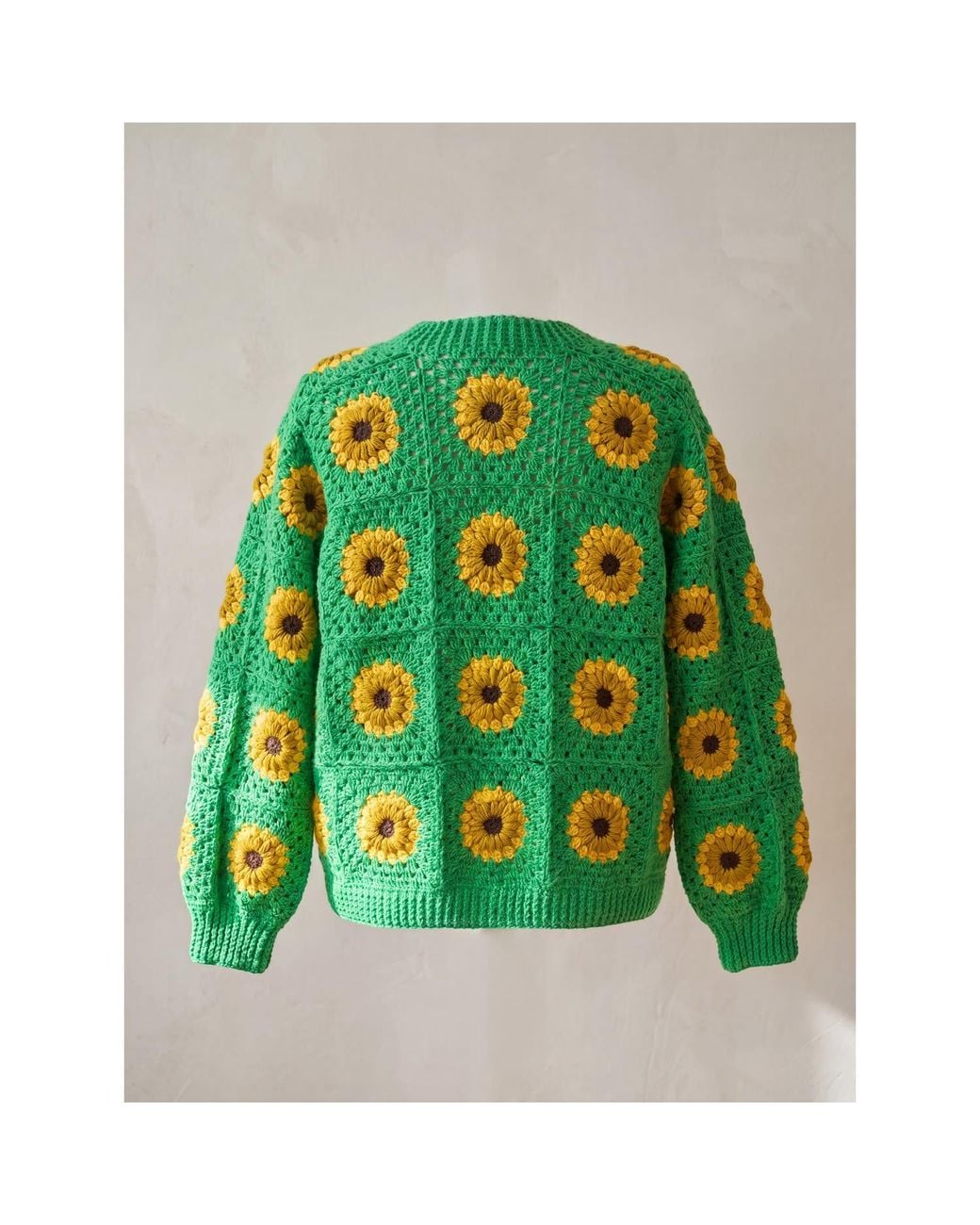 Ana Chic Green Grass Sunflower Handmade Crochet Cardigan