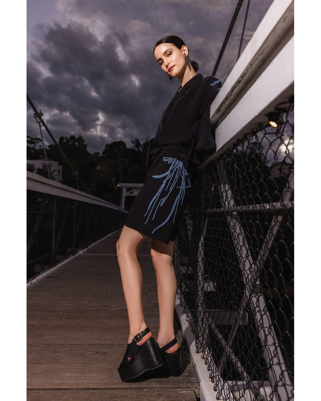 Lendrop Studios Black Leiko Crepe Long Embroidered Shorts