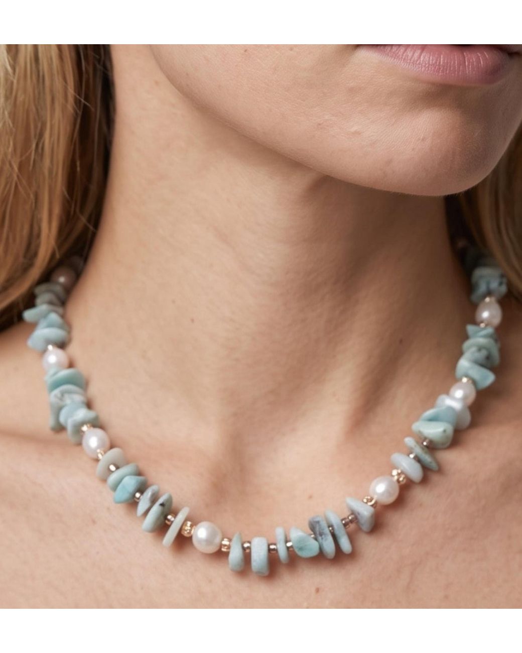 Uchi and Soto Blue Rose Shinju Pearl & Aqua Larimar Stone Necklace