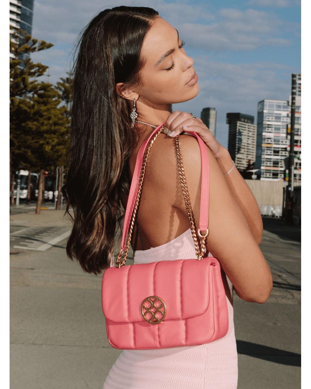 Orange Cube Pink Square Stitch Flap Bag