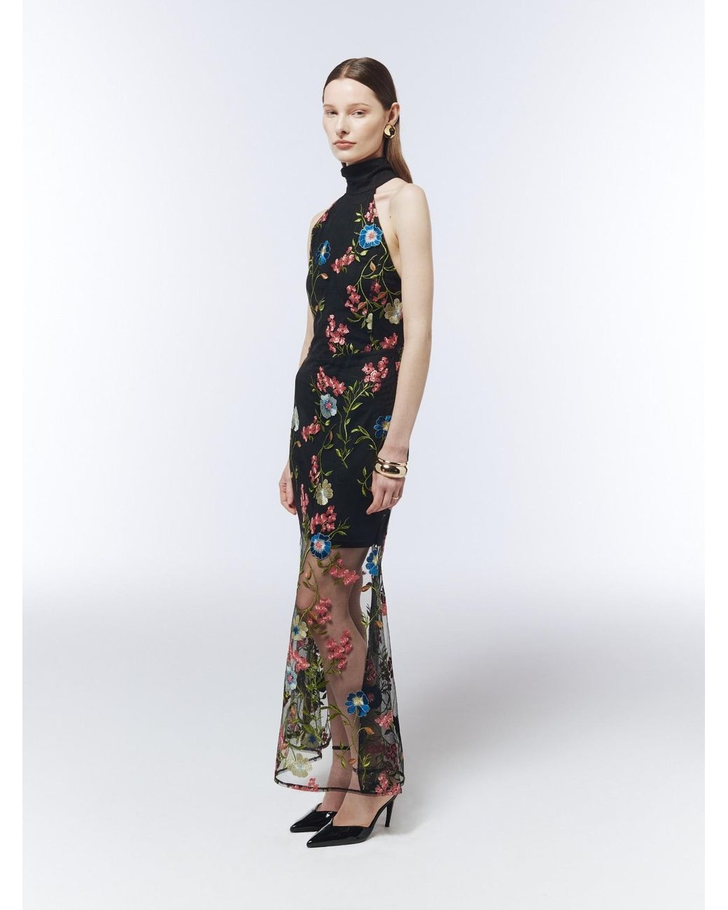 Sour Figs Black Floral-Embroidered Halterneck Maxi Dress