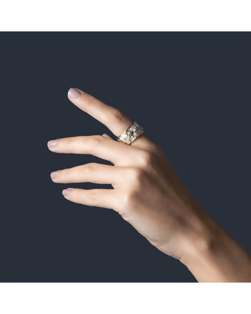 German Kabirski Metallic Thia Handcrafted Plated Barrel Ring With Raw Natural Zircon Mosaic