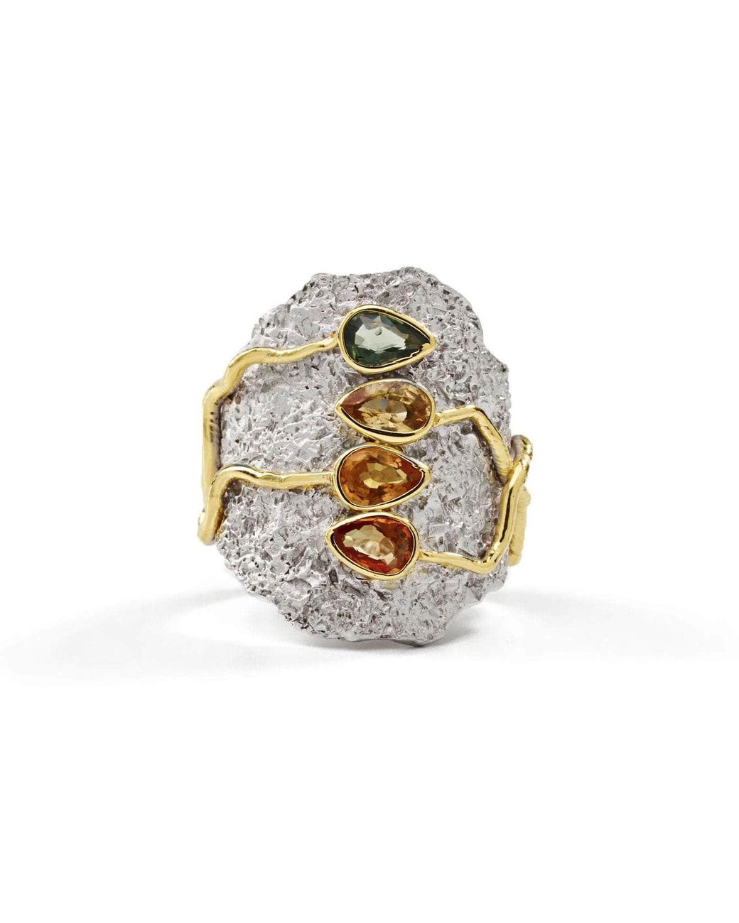 German Kabirski Metallic Callam Ring With Mixed Color Pear Cut Sapphires