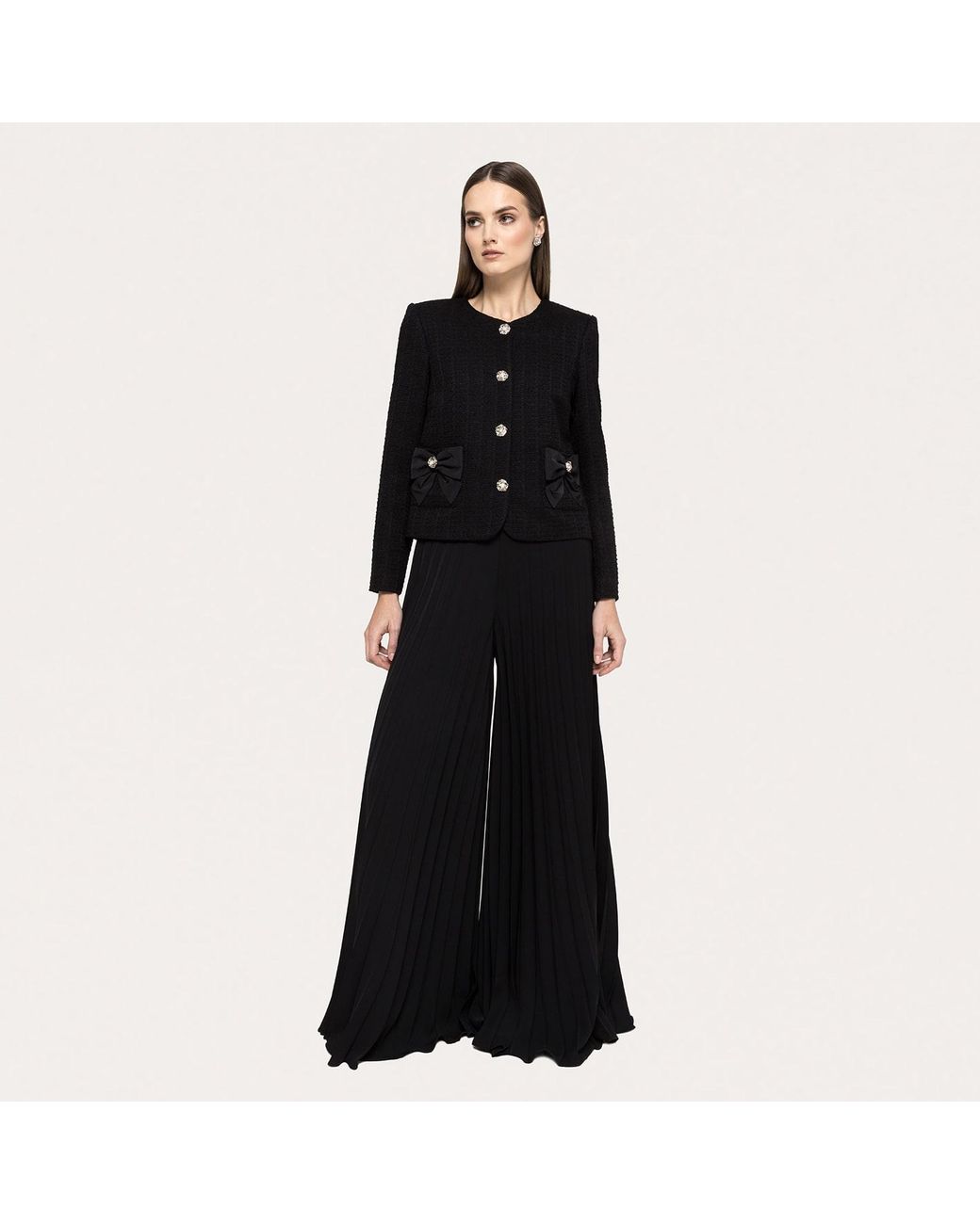 Nissa Black Bow-Detail Boucle Suit Jacket
