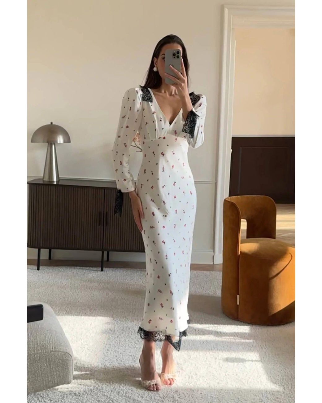 POST MERIDIEM White Floral Fitted Midi Dress With Lace