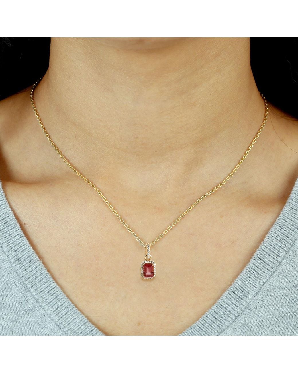 Artisan Red 18K Tourmaline & Diamond Emerald Cut Pendant