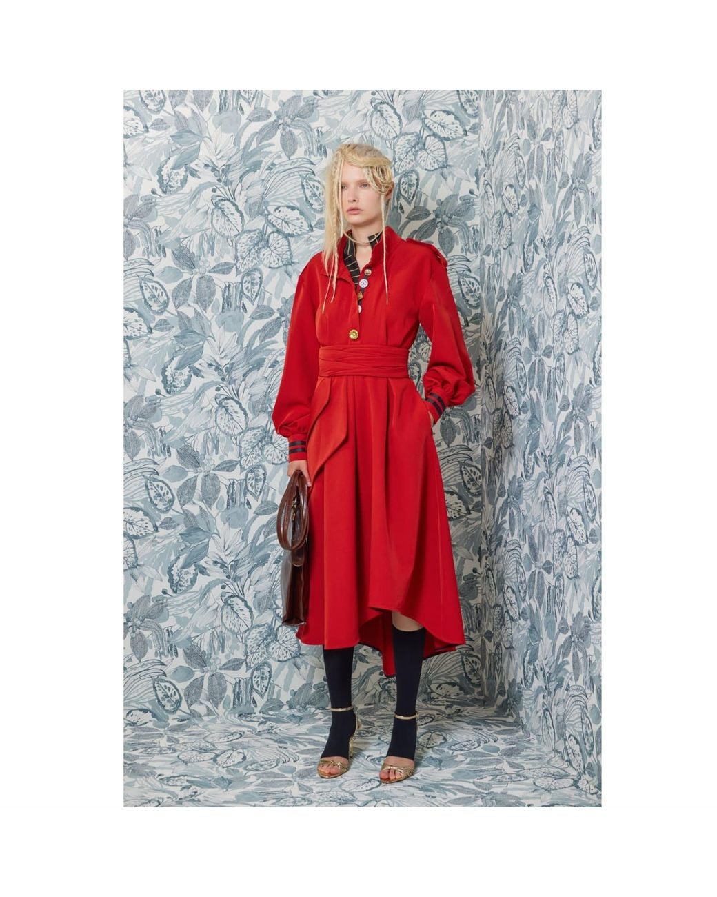 Julia Allert Red Double-Collar Belted A-Line Midi Dress –