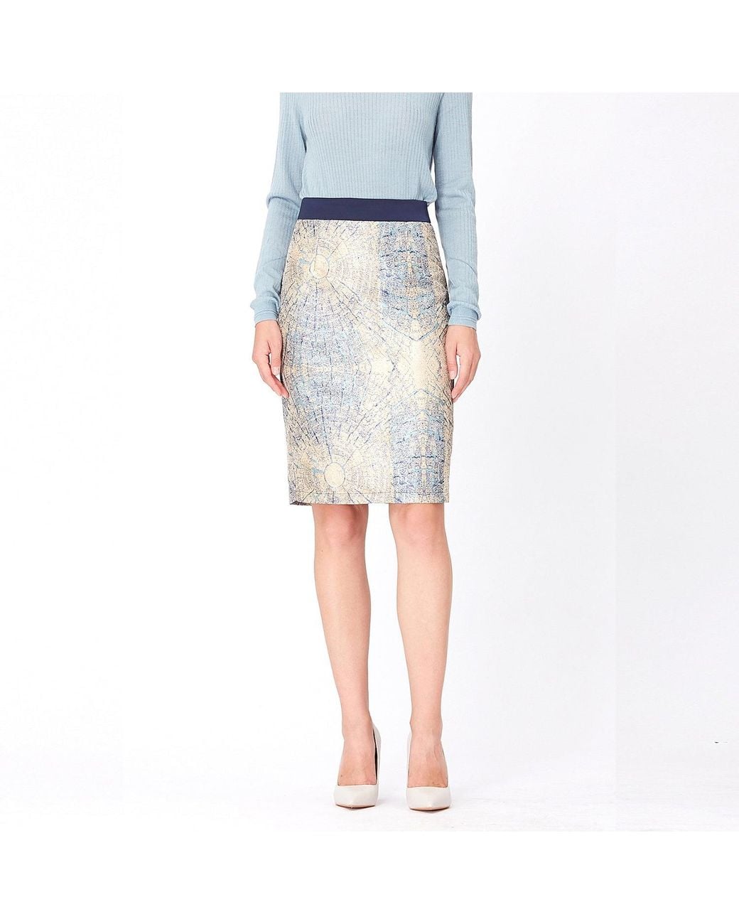 Smart and Joy Blue Bi-Material Brocade Short Skirt
