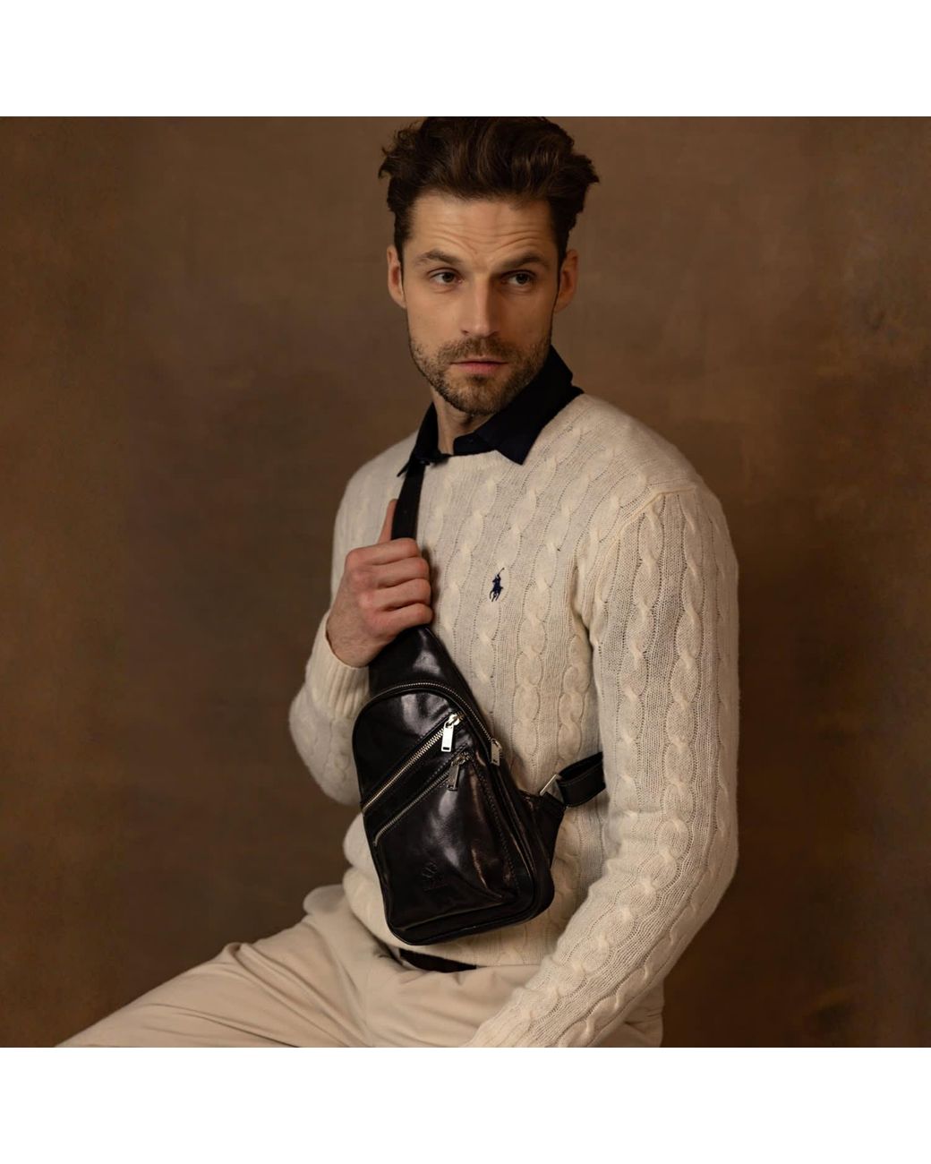 Time Resistance Black Leather Sling Bag for men