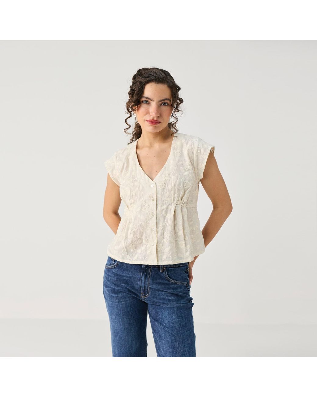 REISTOR Natural Embroidered Deep V Neck Top