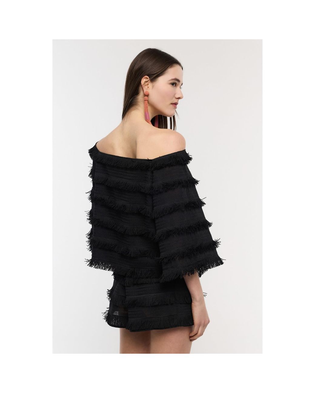 Mirimalist Black Fringe Off Shoulder Top