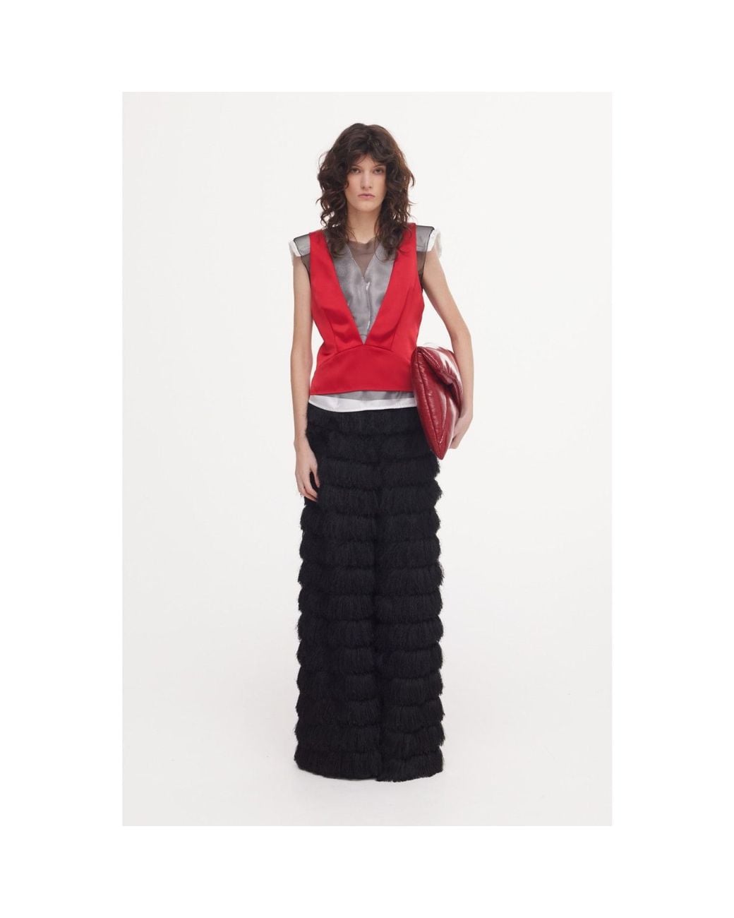 Julia Allert Red Satin Blouse With Mesh And Shoulder Pads