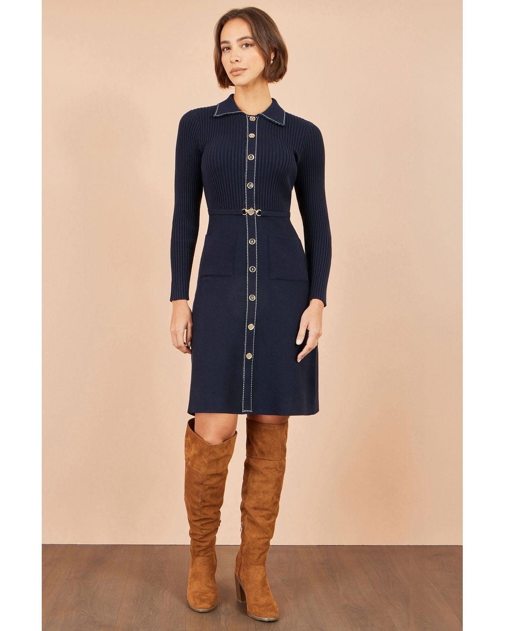 Yumi' Blue Rib Knit Skater Shirt Dress