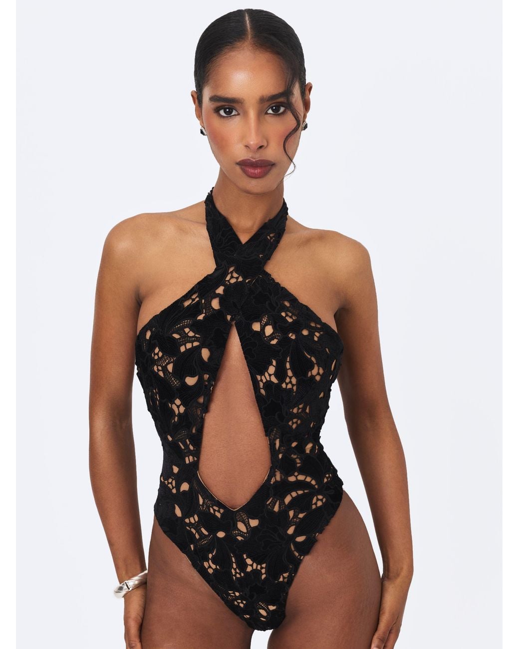 Miss Circle New York Black Breanna Velvet Lace Crossover Halter Swimsuit