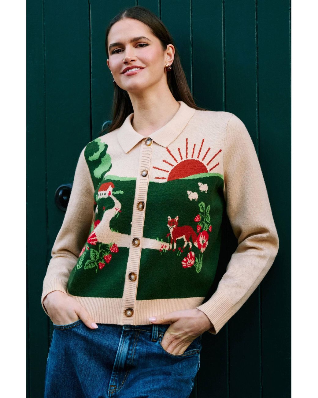 Yumi' Green Fox Scene Viscose Knitted Box Jacket