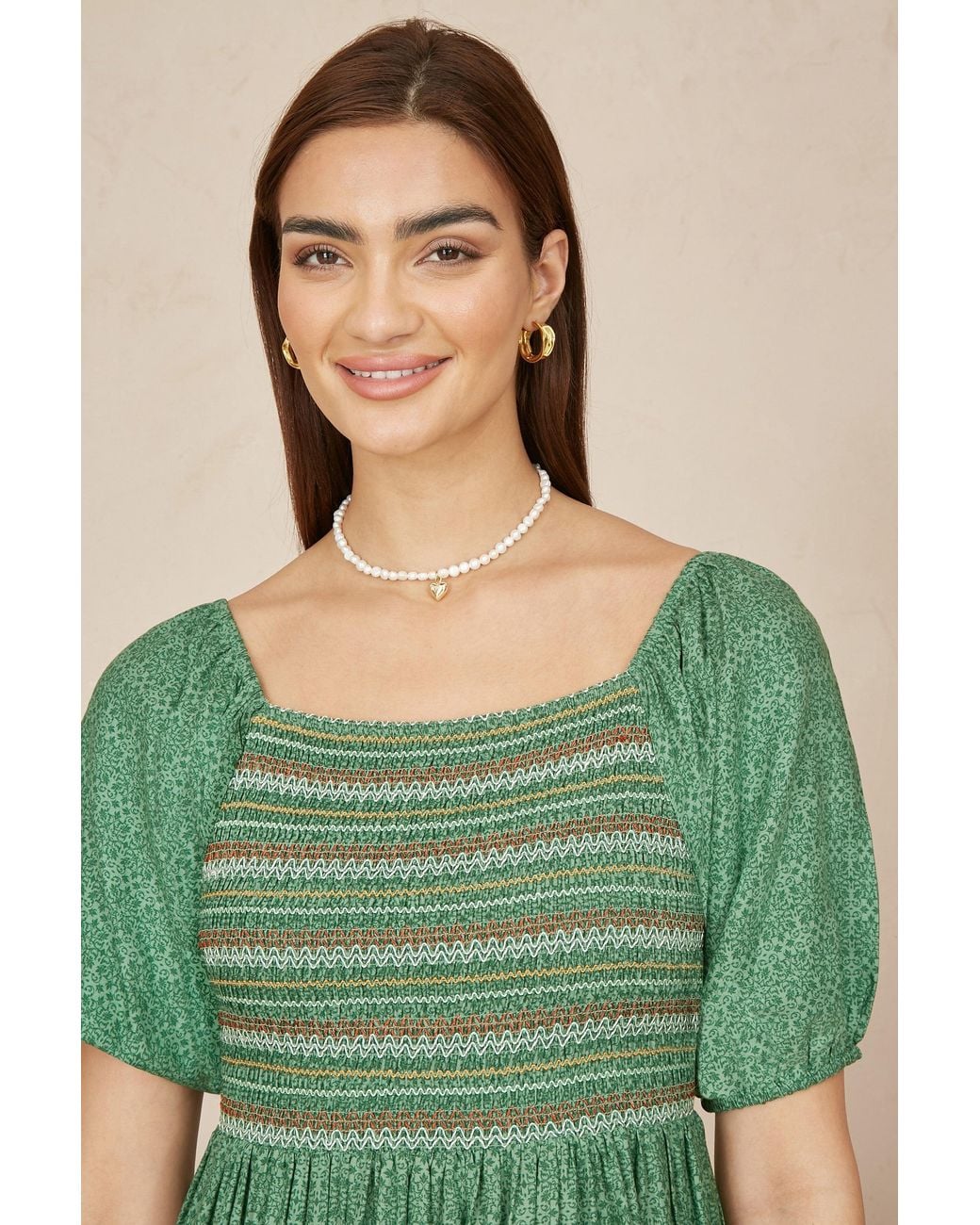 Yumi' Green Ruched Leaf Print Maxi Dress With Puff Sleeves