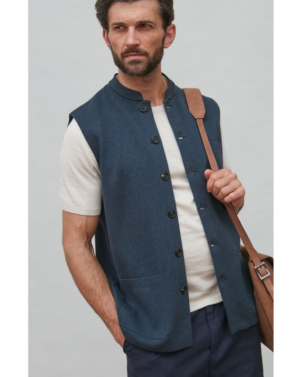 Paul James Knitwear Blue Midweight Cotton Cochin Knitted Nehru Waistcoat for men