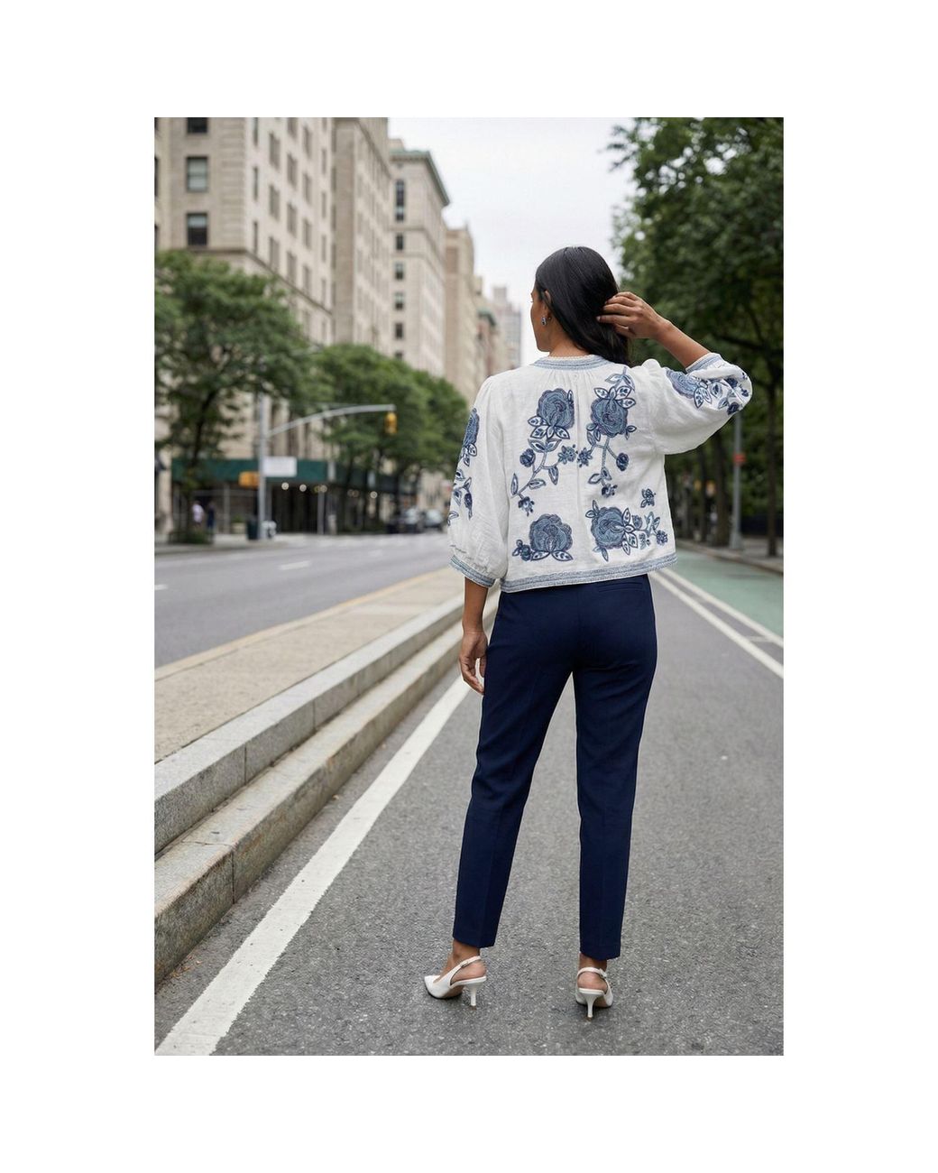 Modenaire Blue Floral Embroidered Cropped Jacket With Clean Front