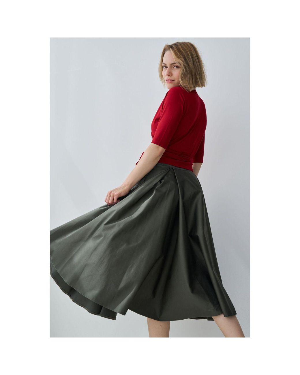 Marianna Déri Green Pleated Cotton Sateen Skirt