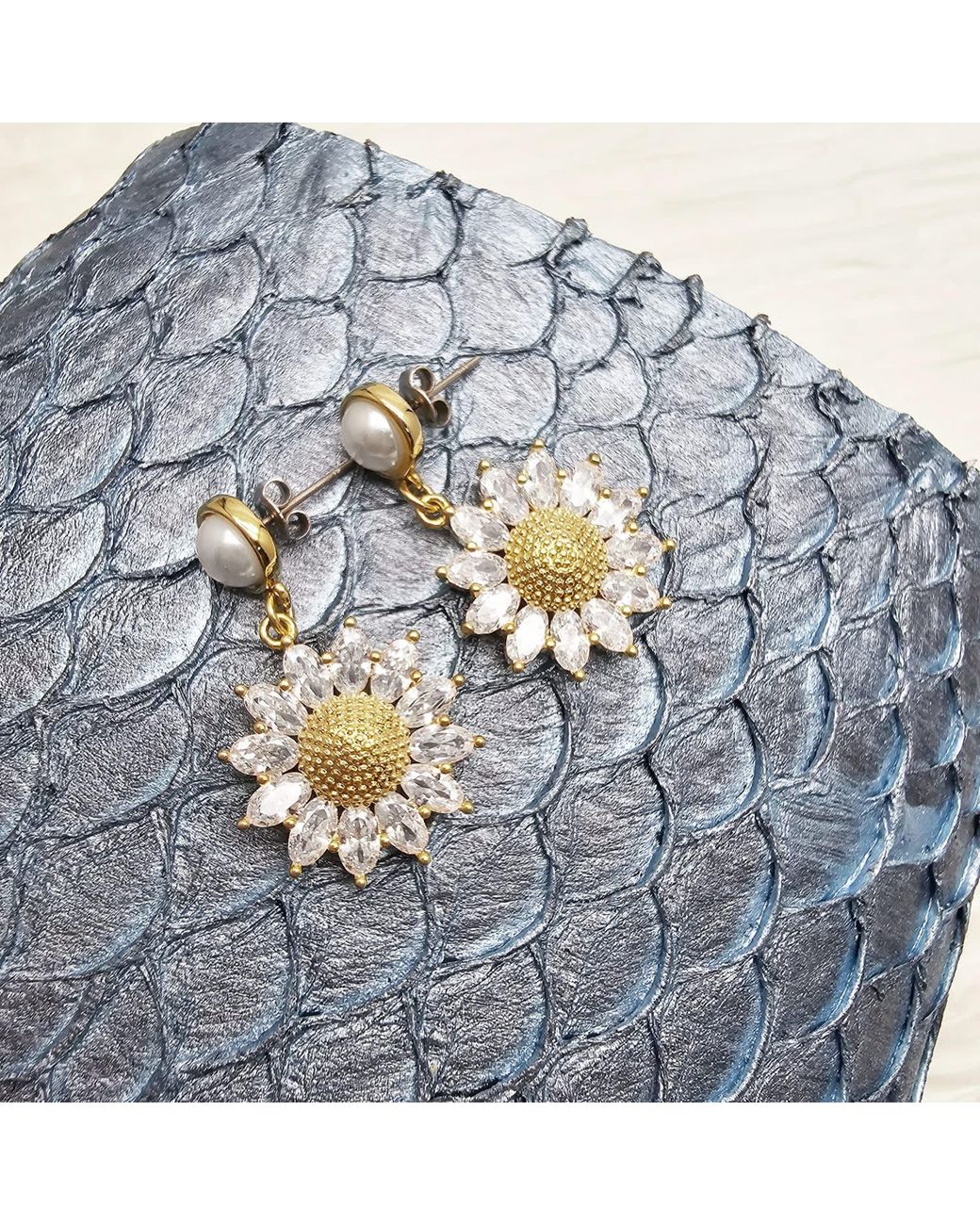 Farra Metallic Zircon Daisy Dangle With Pearl Stud Earrings