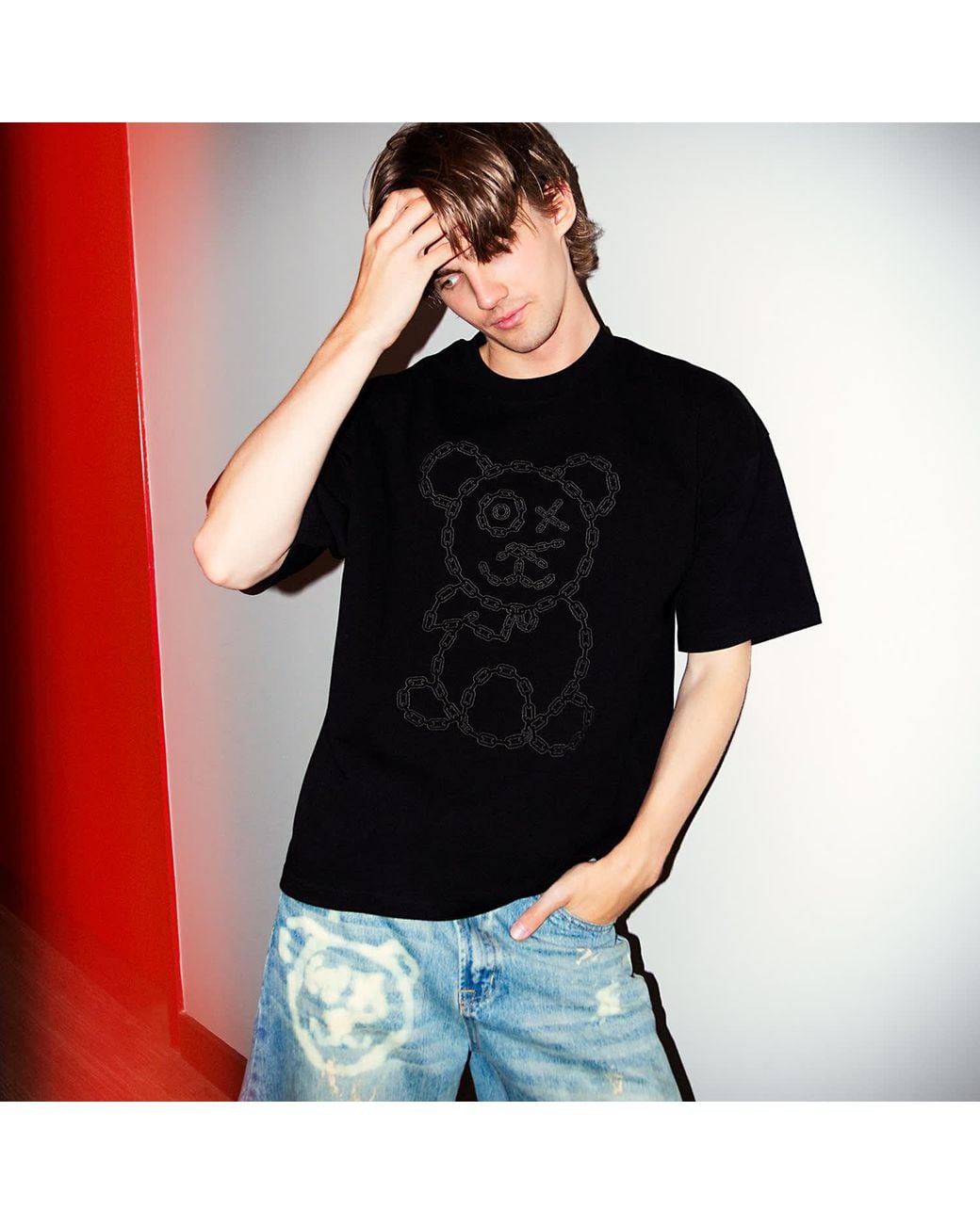 X Ilona Blue Black Universal Fit Graffiti Baby Bear Organic Cotton Charcoal Chain Link Embroidery Tee for men