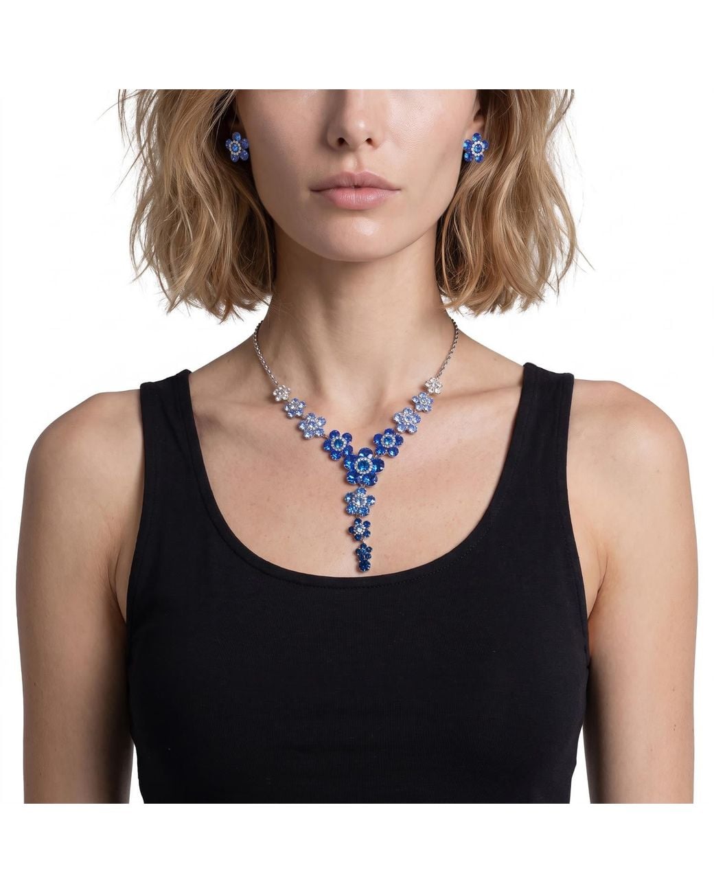 Modenaire Blue Sapphire Crystal Daisy Necklace And Earring Set