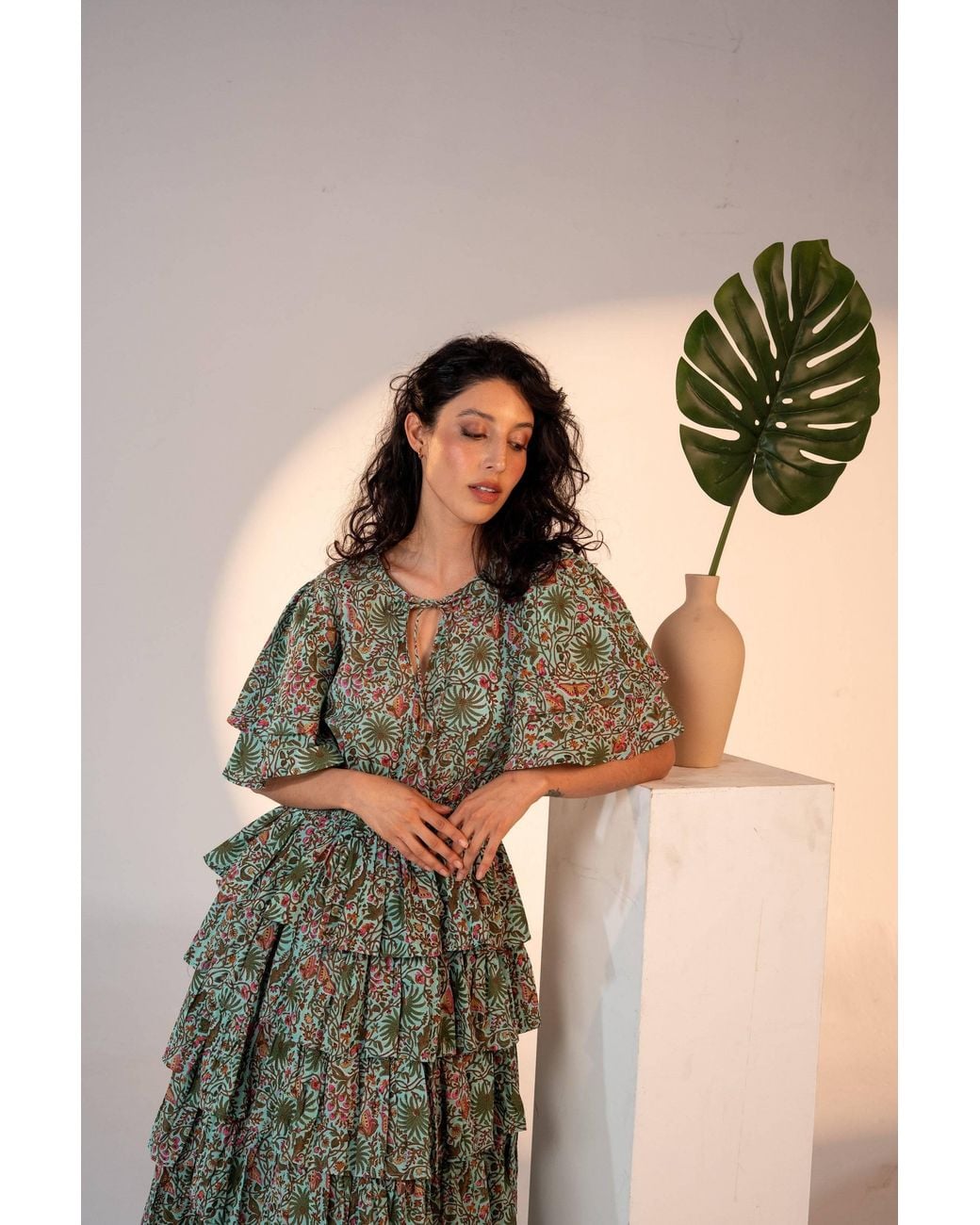 Carolina Benoit Green Palm Springs Clinched Waist Dress Print