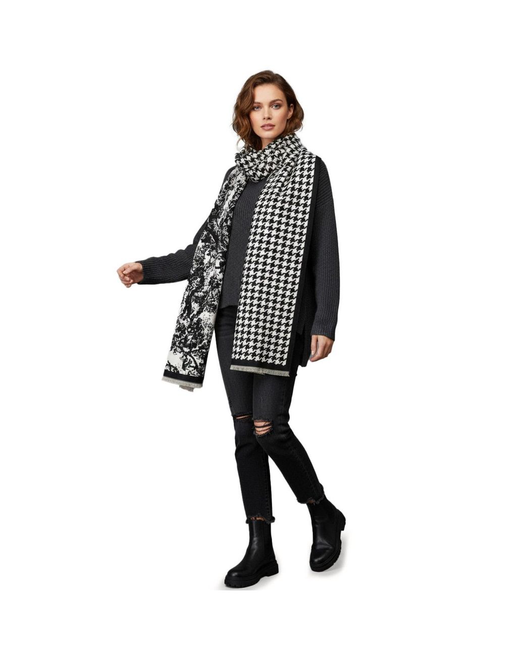 Saachi Blue Houndstooth Reversible Scarf