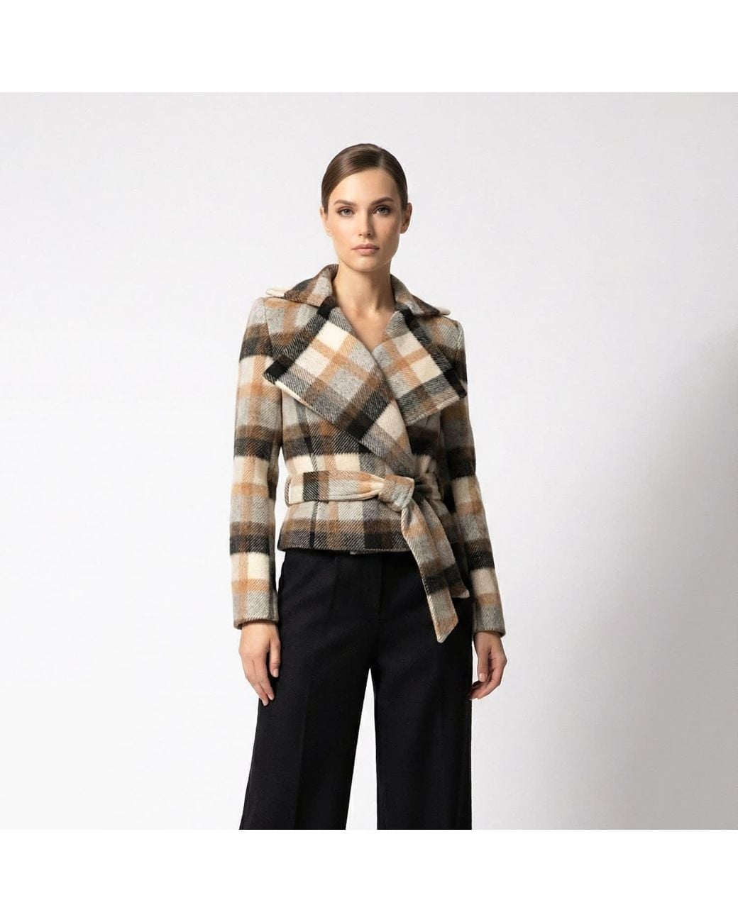 AVENUE No.29 Multicolor Neutrals Checked Wool Double Breasted Wide Lapel Jacket With Belt