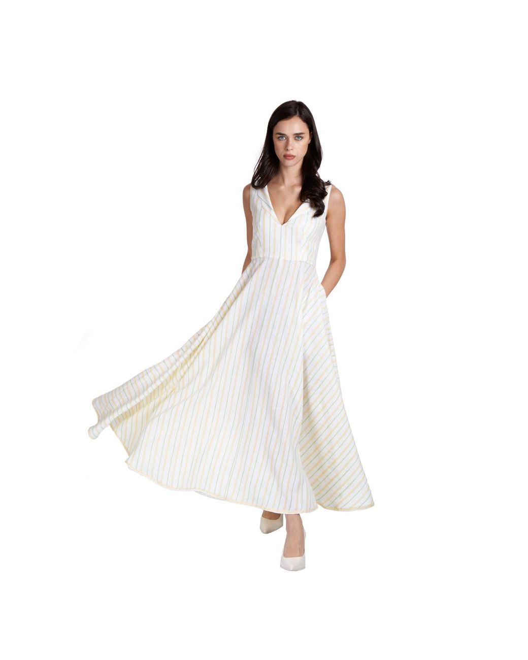 Sofia Tsereteli White Long V-neck Linen Dress