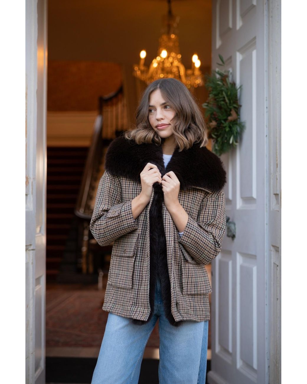 Hortons England Brown Ashford Tweed Faux Fur Jacket
