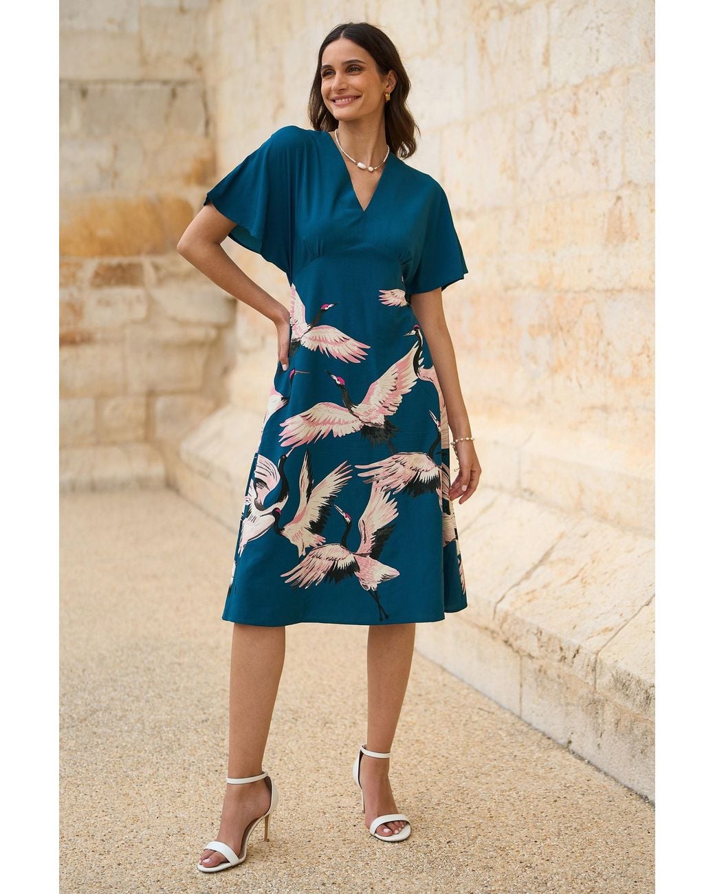 Yumi' Blue Recycled Fabric Crane Print Kimono Midi Dress