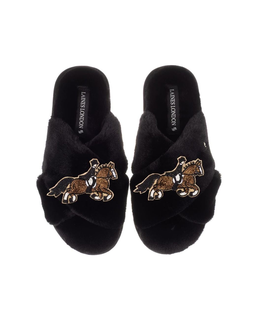Laines London Black Classic Laines Slippers With Dressage Horse Brooches