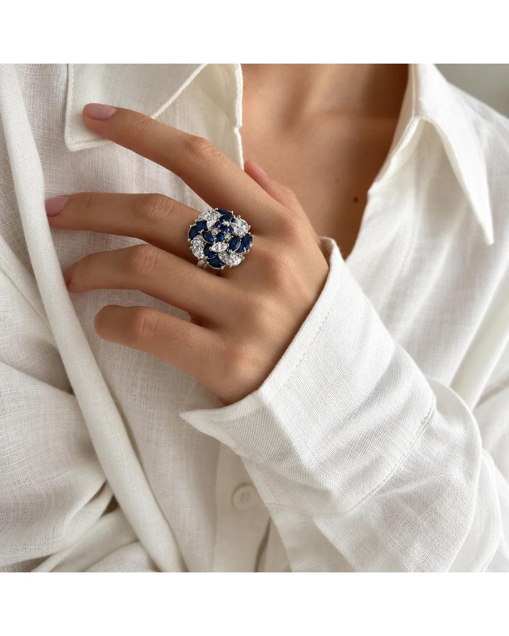 Angel Barocco Blue Clear Zirconia Floral Cluster Open Ring