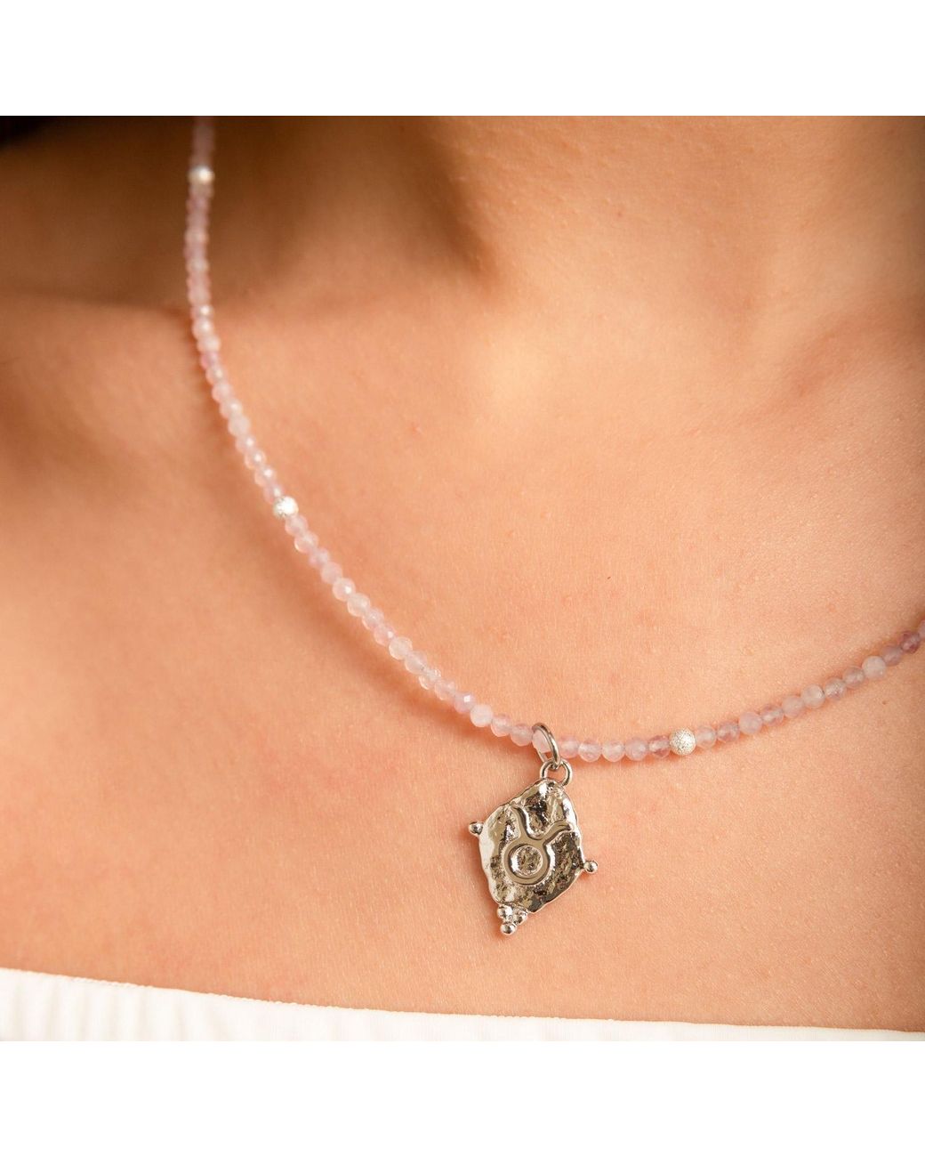 Seven Saints Metallic Taurus Gemstone Choker Necklace, Rose Quartz, Rhodium Plated